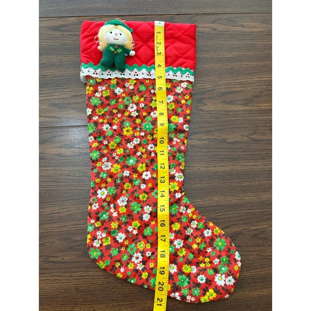 Vintage Handmade Christmas Stocking Floral Calico Quilted Elf Doll